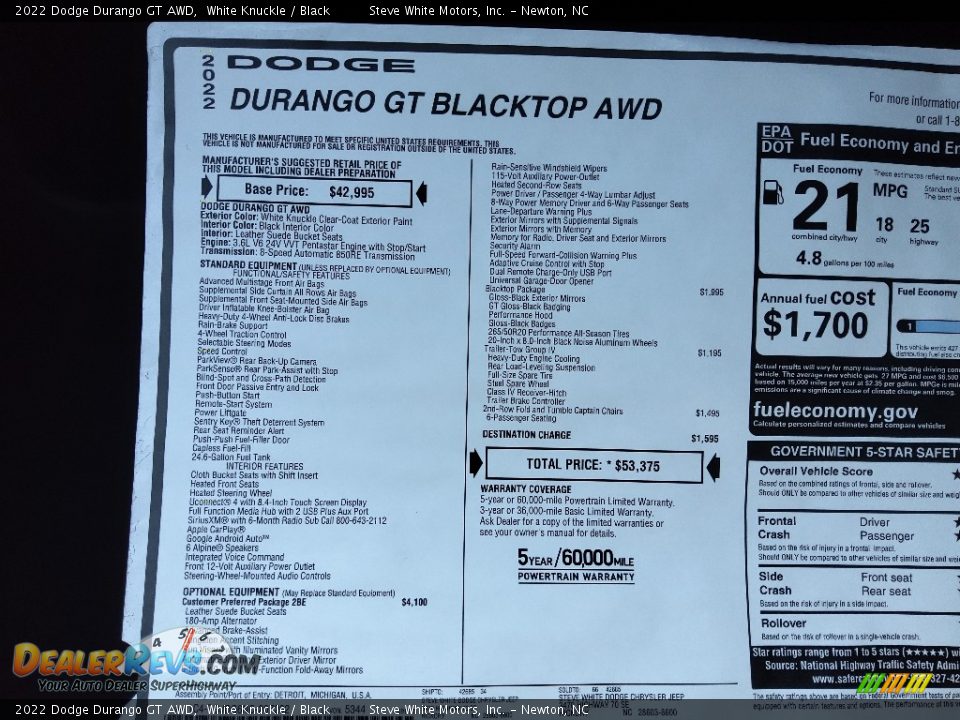 2022 Dodge Durango GT AWD White Knuckle / Black Photo #30