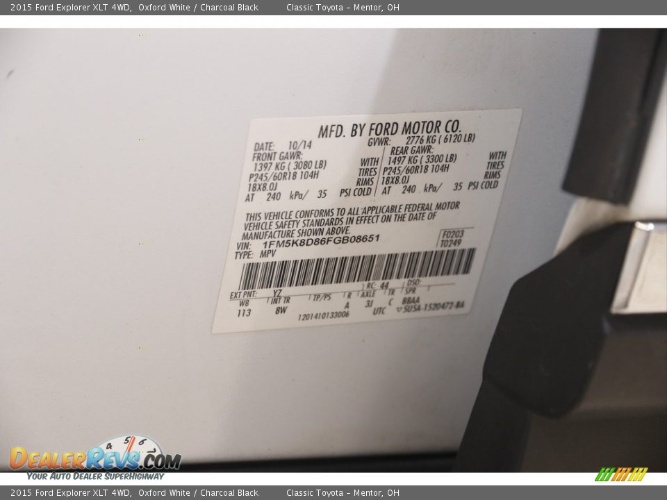 2015 Ford Explorer XLT 4WD Oxford White / Charcoal Black Photo #19