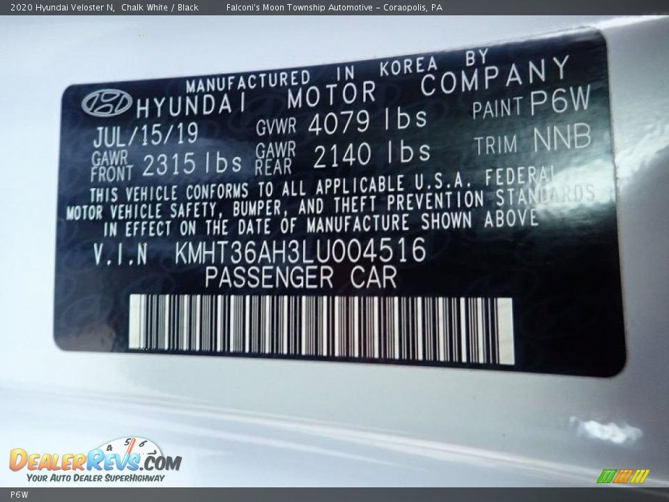 Hyundai Color Code P6W Chalk White