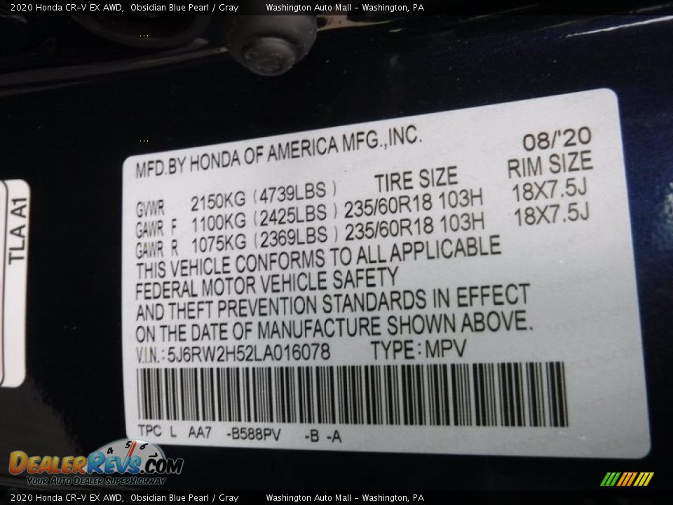 2020 Honda CR-V EX AWD Obsidian Blue Pearl / Gray Photo #31