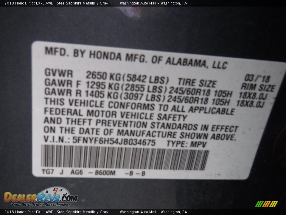 2018 Honda Pilot EX-L AWD Steel Sapphire Metallic / Gray Photo #33