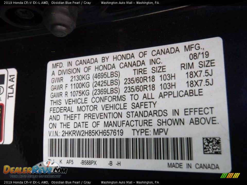 2019 Honda CR-V EX-L AWD Obsidian Blue Pearl / Gray Photo #34