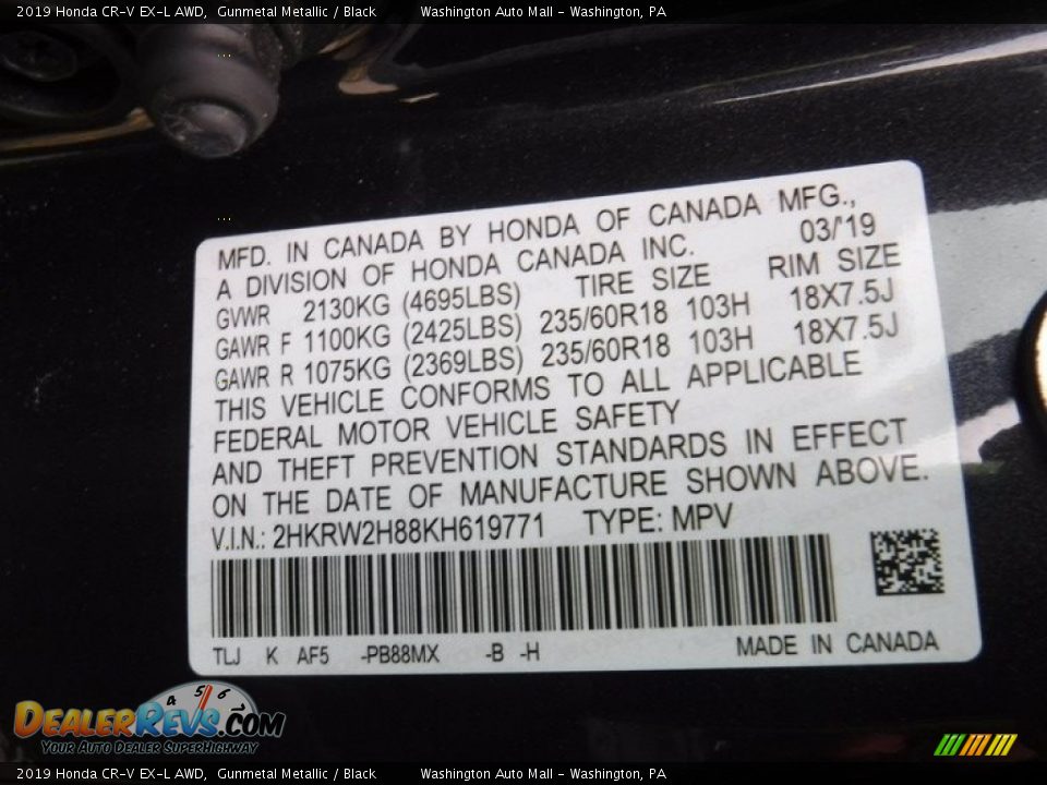 2019 Honda CR-V EX-L AWD Gunmetal Metallic / Black Photo #33