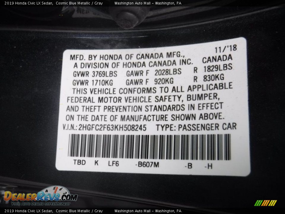 2019 Honda Civic LX Sedan Cosmic Blue Metallic / Gray Photo #26
