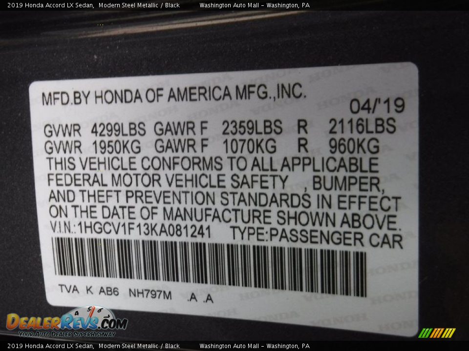 2019 Honda Accord LX Sedan Modern Steel Metallic / Black Photo #28
