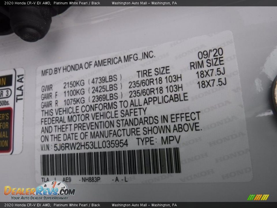 2020 Honda CR-V EX AWD Platinum White Pearl / Black Photo #34