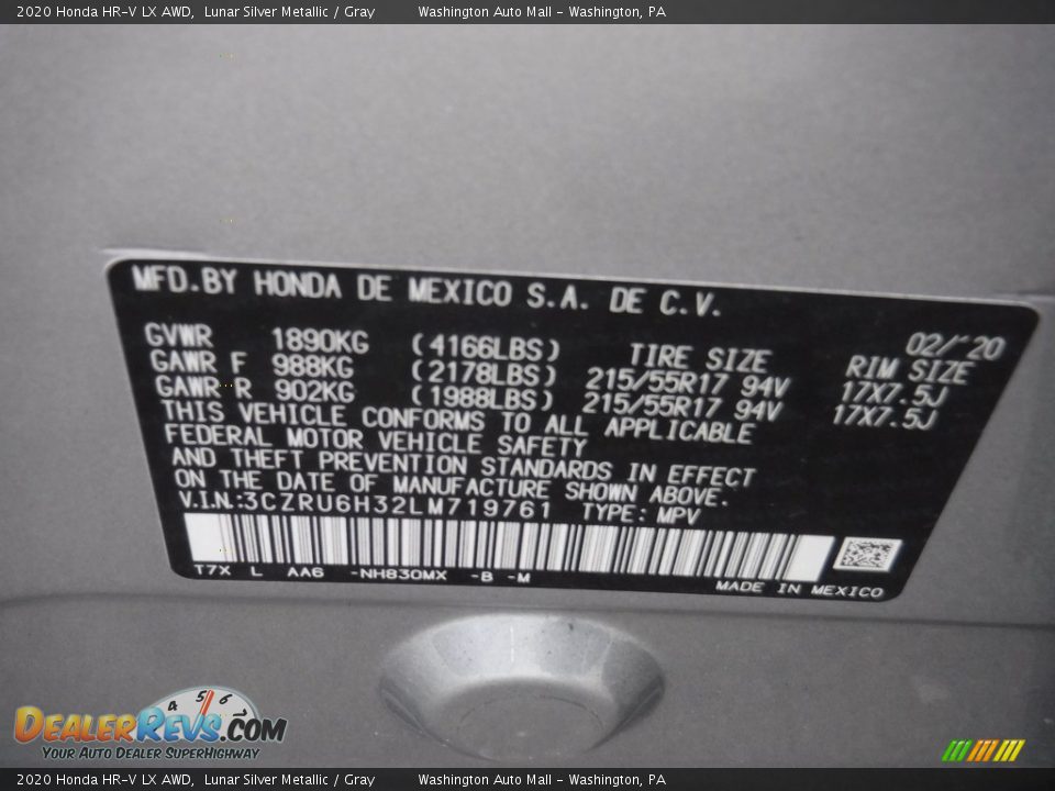 2020 Honda HR-V LX AWD Lunar Silver Metallic / Gray Photo #28