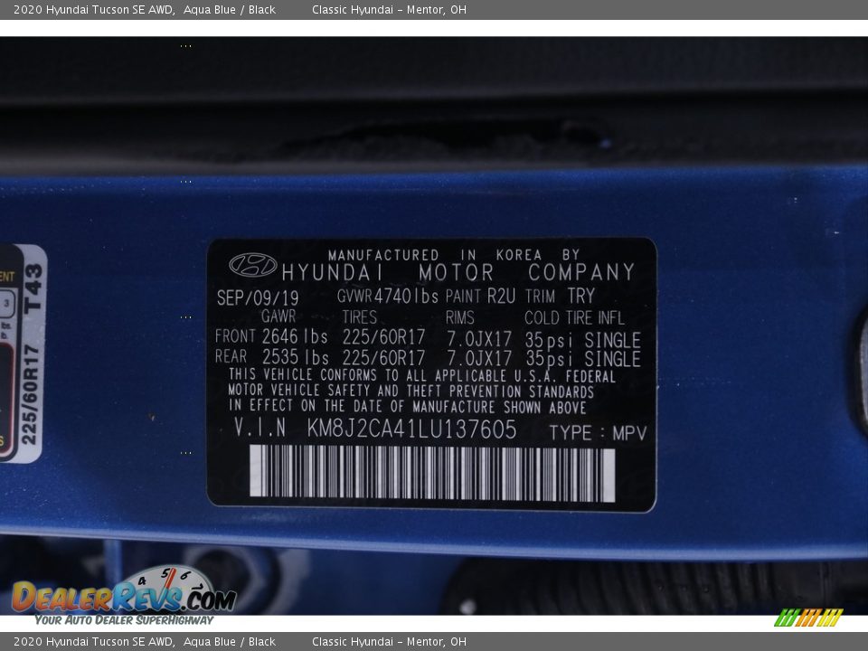 2020 Hyundai Tucson SE AWD Aqua Blue / Black Photo #20