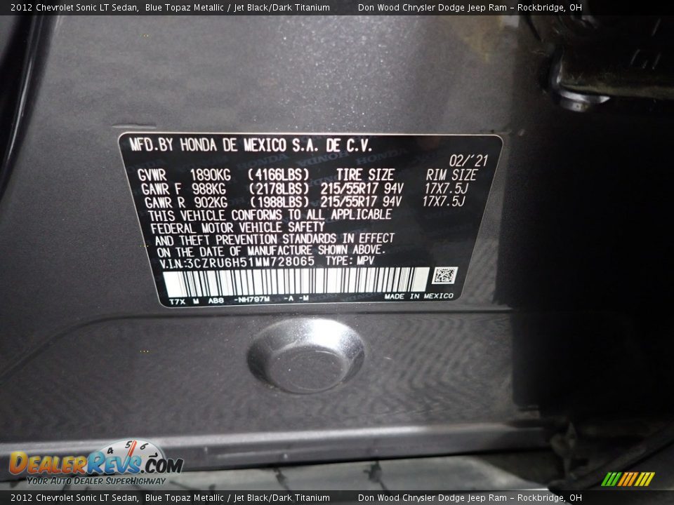 2012 Chevrolet Sonic LT Sedan Blue Topaz Metallic / Jet Black/Dark Titanium Photo #33