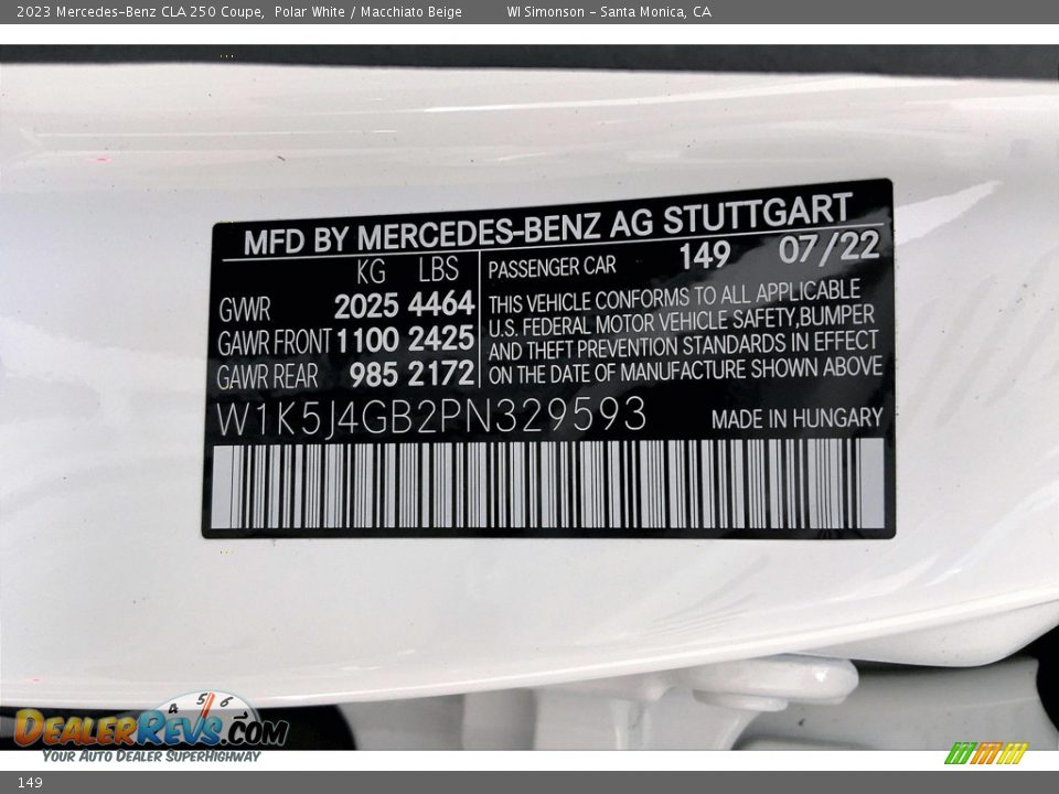 Mercedes-Benz Color Code 149 Polar White