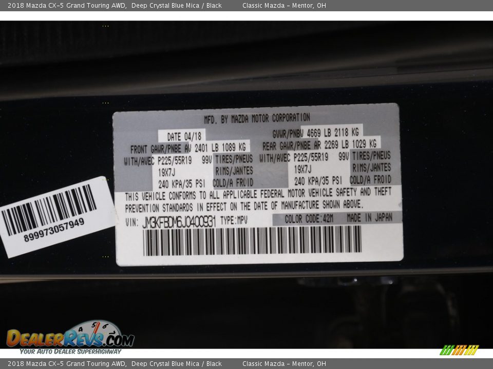 2018 Mazda CX-5 Grand Touring AWD Deep Crystal Blue Mica / Black Photo #22