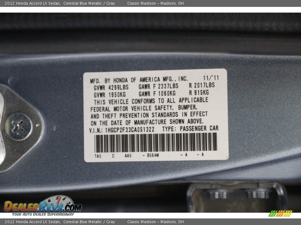 2012 Honda Accord LX Sedan Celestial Blue Metallic / Gray Photo #18