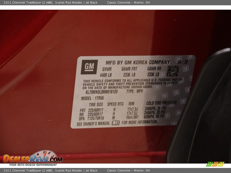 2021 Chevrolet TrailBlazer LS AWD Scarlet Red Metallic / Jet Black Photo #22