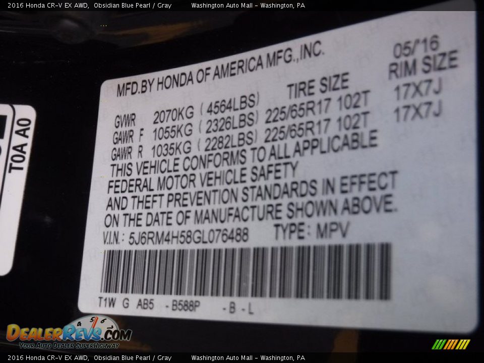 2016 Honda CR-V EX AWD Obsidian Blue Pearl / Gray Photo #32