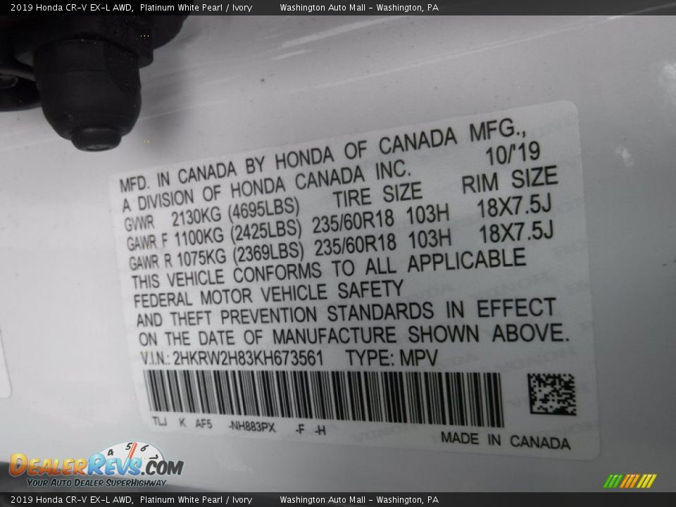 2019 Honda CR-V EX-L AWD Platinum White Pearl / Ivory Photo #34