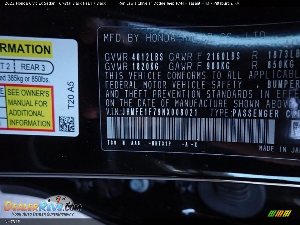 Honda Color Code NH731P Crystal Black Pearl