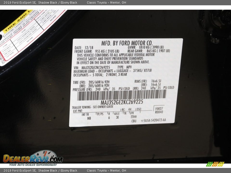 2019 Ford EcoSport SE Shadow Black / Ebony Black Photo #21