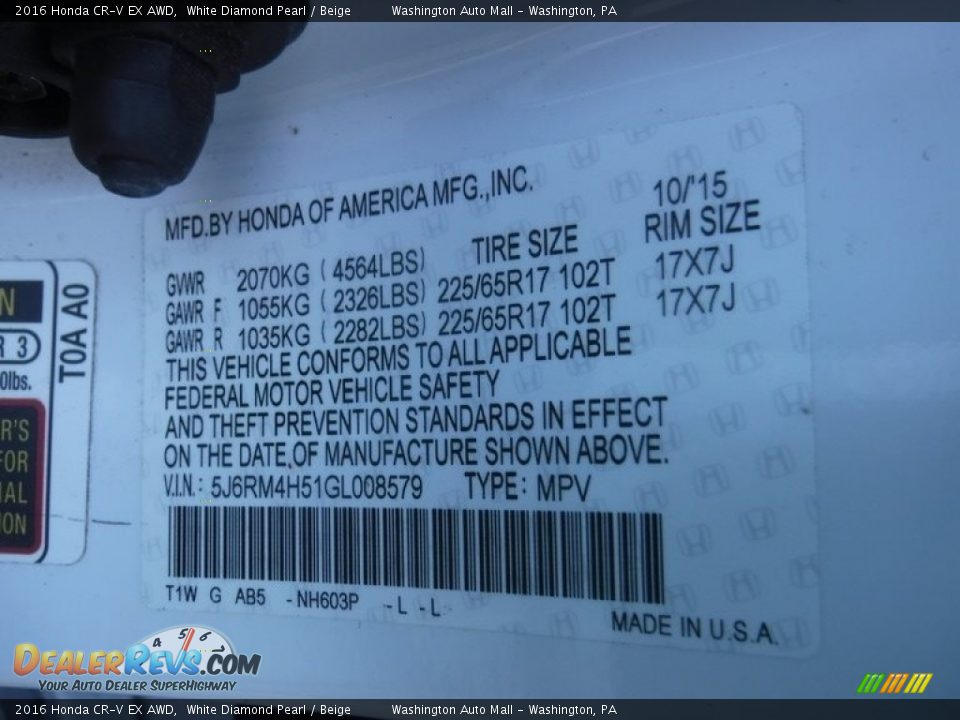 2016 Honda CR-V EX AWD White Diamond Pearl / Beige Photo #29