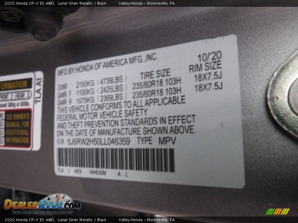 2020 Honda CR-V EX AWD Lunar Silver Metallic / Black Photo #31