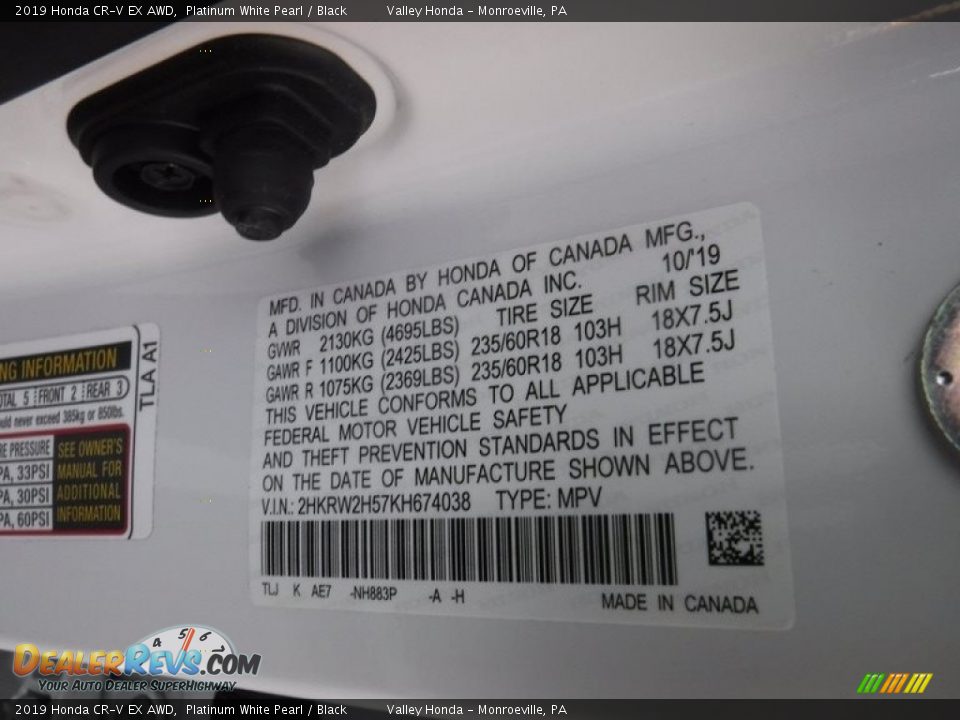 2019 Honda CR-V EX AWD Platinum White Pearl / Black Photo #35