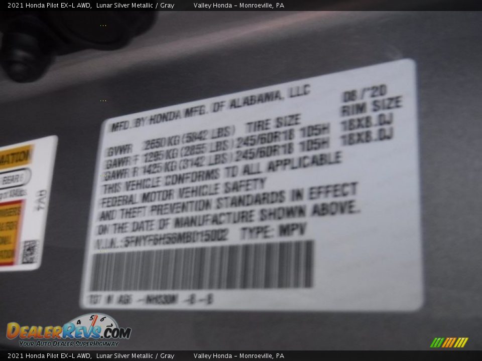 2021 Honda Pilot EX-L AWD Lunar Silver Metallic / Gray Photo #36