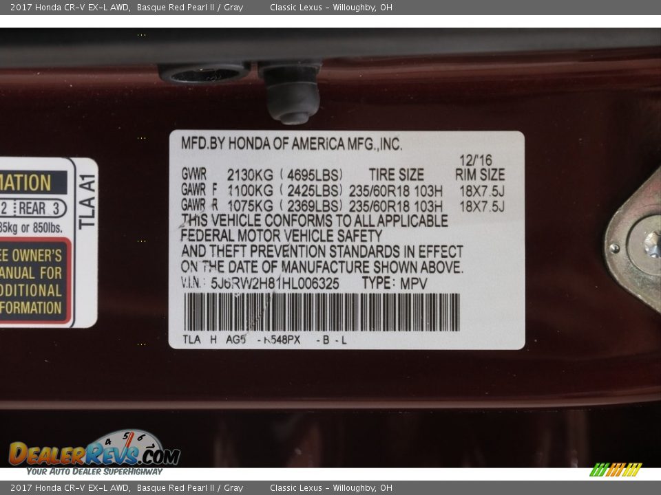 2017 Honda CR-V EX-L AWD Basque Red Pearl II / Gray Photo #23