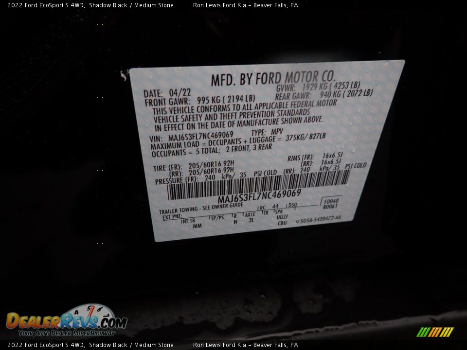 2022 Ford EcoSport S 4WD Shadow Black / Medium Stone Photo #20