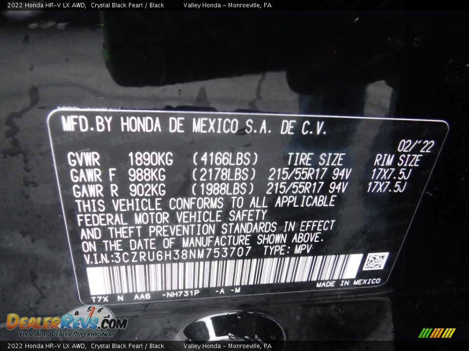 2022 Honda HR-V LX AWD Crystal Black Pearl / Black Photo #27