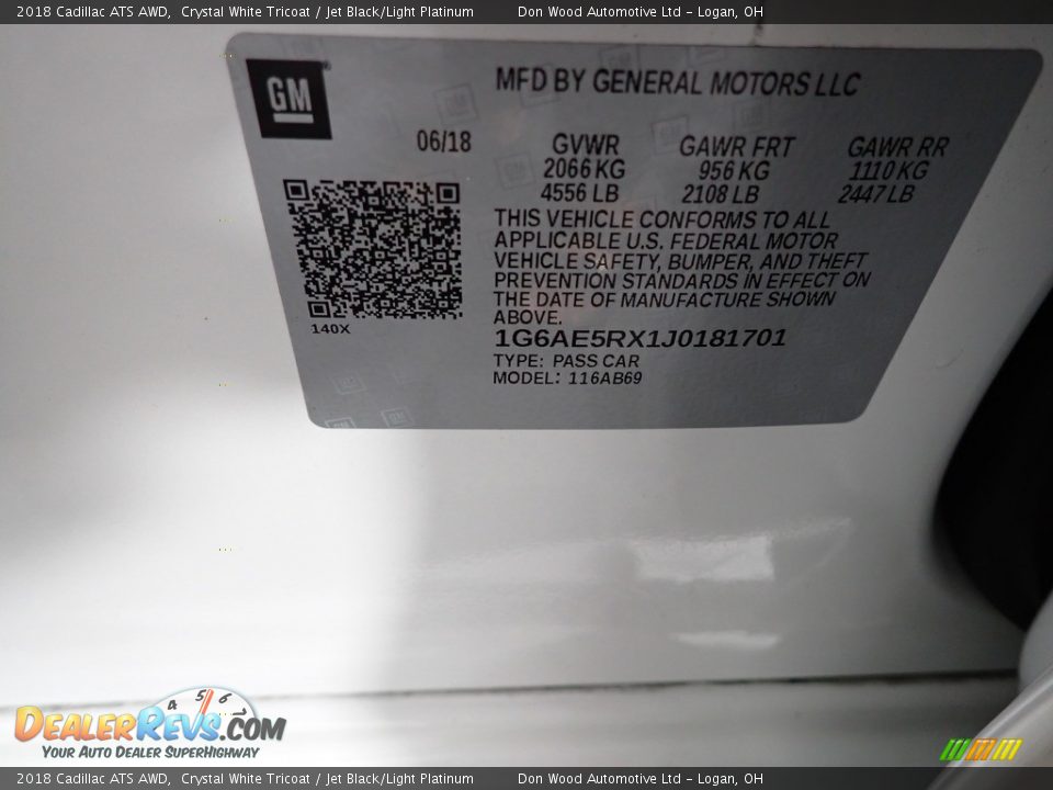 2018 Cadillac ATS AWD Crystal White Tricoat / Jet Black/Light Platinum Photo #33