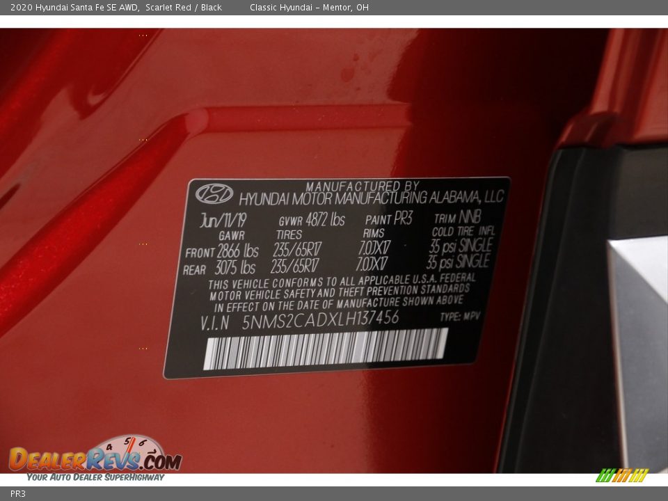 Hyundai Color Code PR3 Scarlet Red