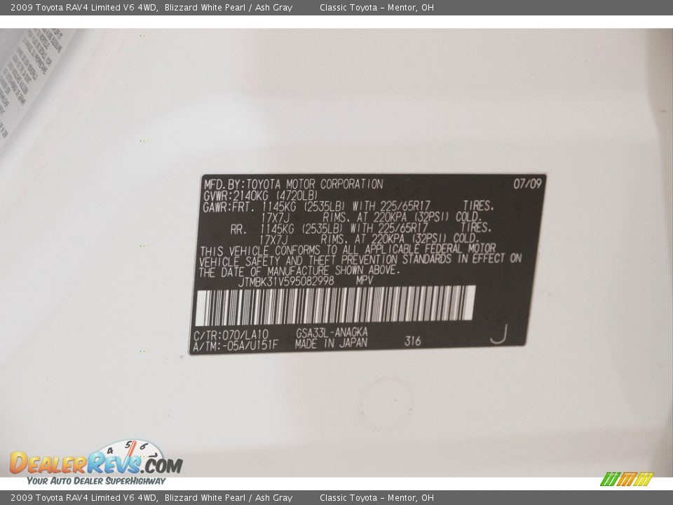 2009 Toyota RAV4 Limited V6 4WD Blizzard White Pearl / Ash Gray Photo #18