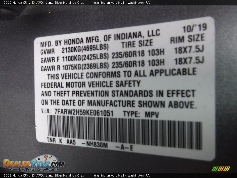 2019 Honda CR-V EX AWD Lunar Silver Metallic / Gray Photo #33