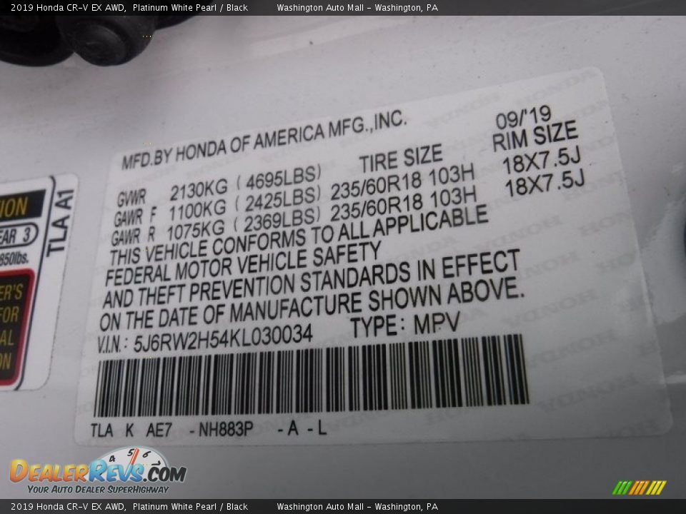 2019 Honda CR-V EX AWD Platinum White Pearl / Black Photo #34