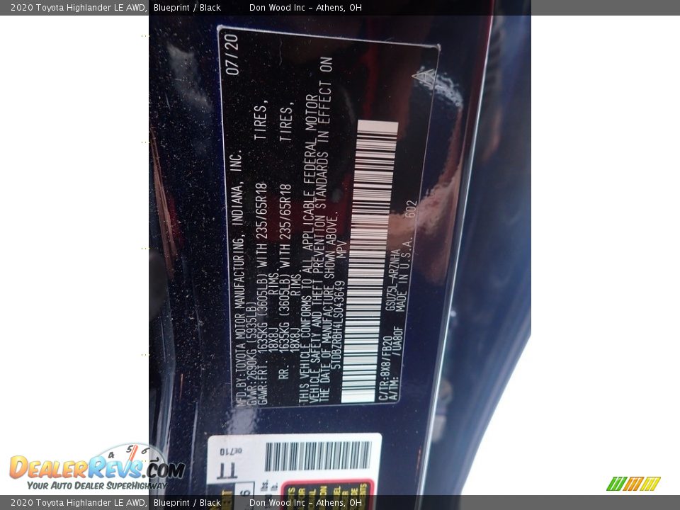2020 Toyota Highlander LE AWD Blueprint / Black Photo #14