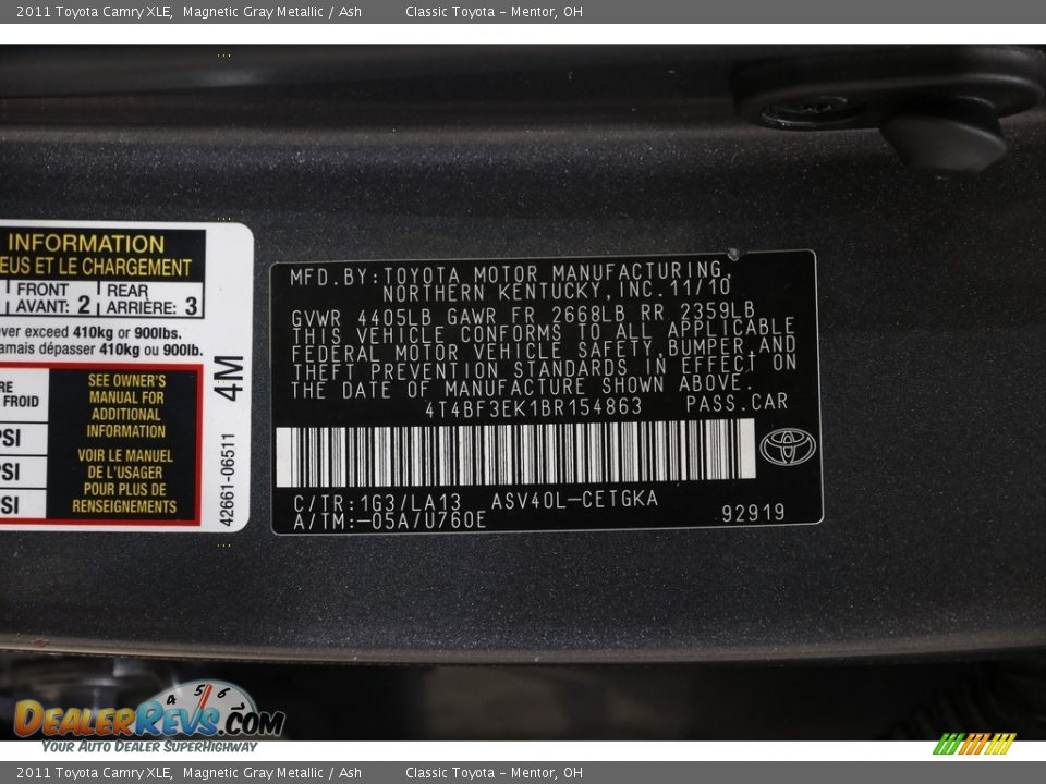 2011 Toyota Camry XLE Magnetic Gray Metallic / Ash Photo #22
