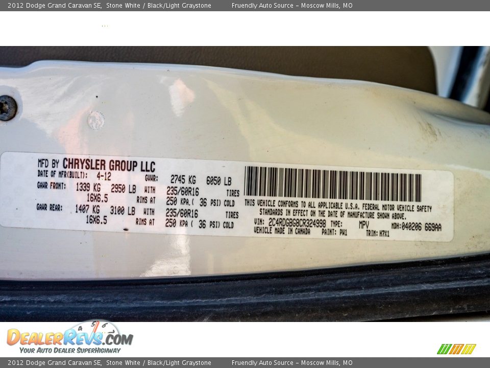 2012 Dodge Grand Caravan SE Stone White / Black/Light Graystone Photo #32