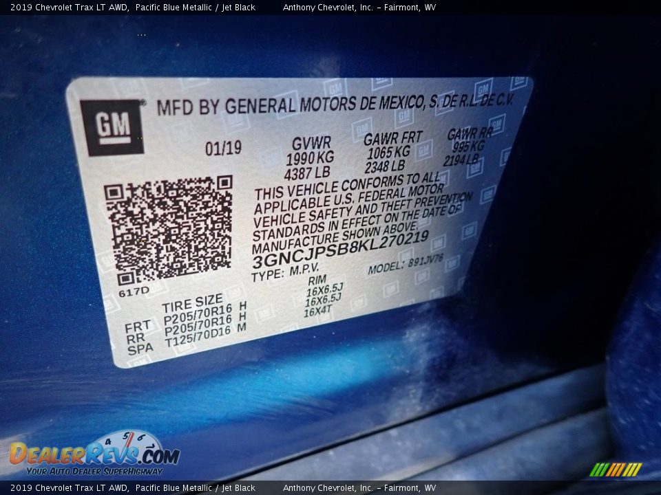 2019 Chevrolet Trax LT AWD Pacific Blue Metallic / Jet Black Photo #15