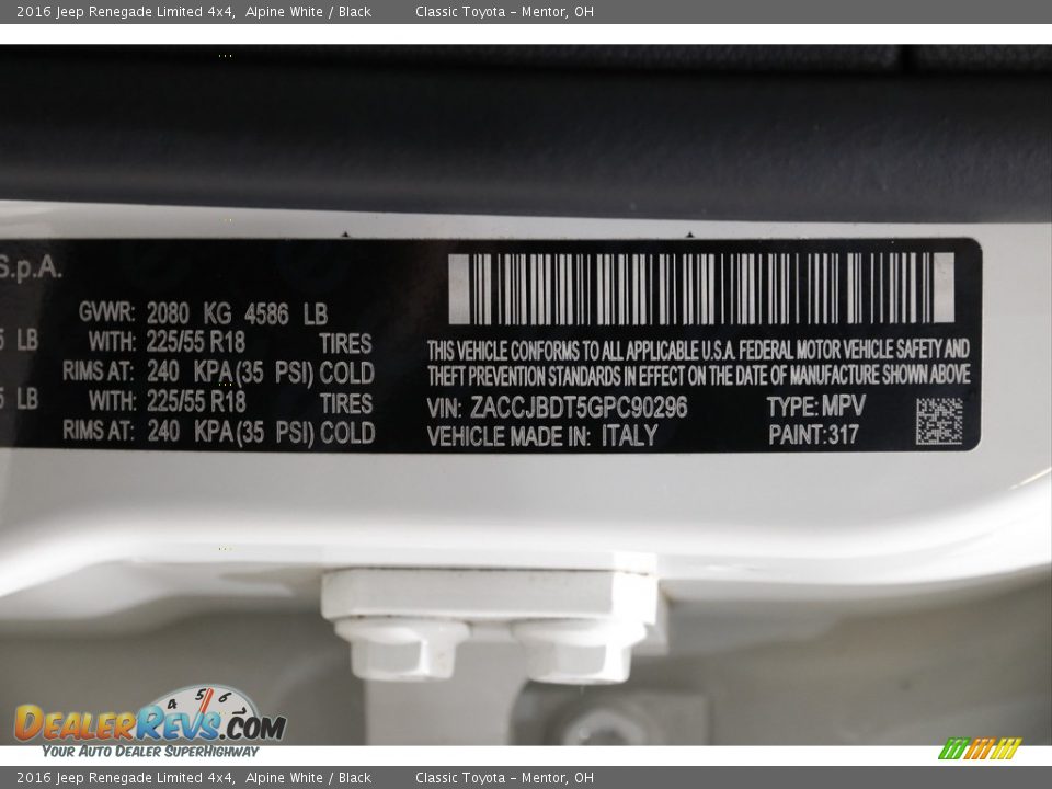 2016 Jeep Renegade Limited 4x4 Alpine White / Black Photo #22