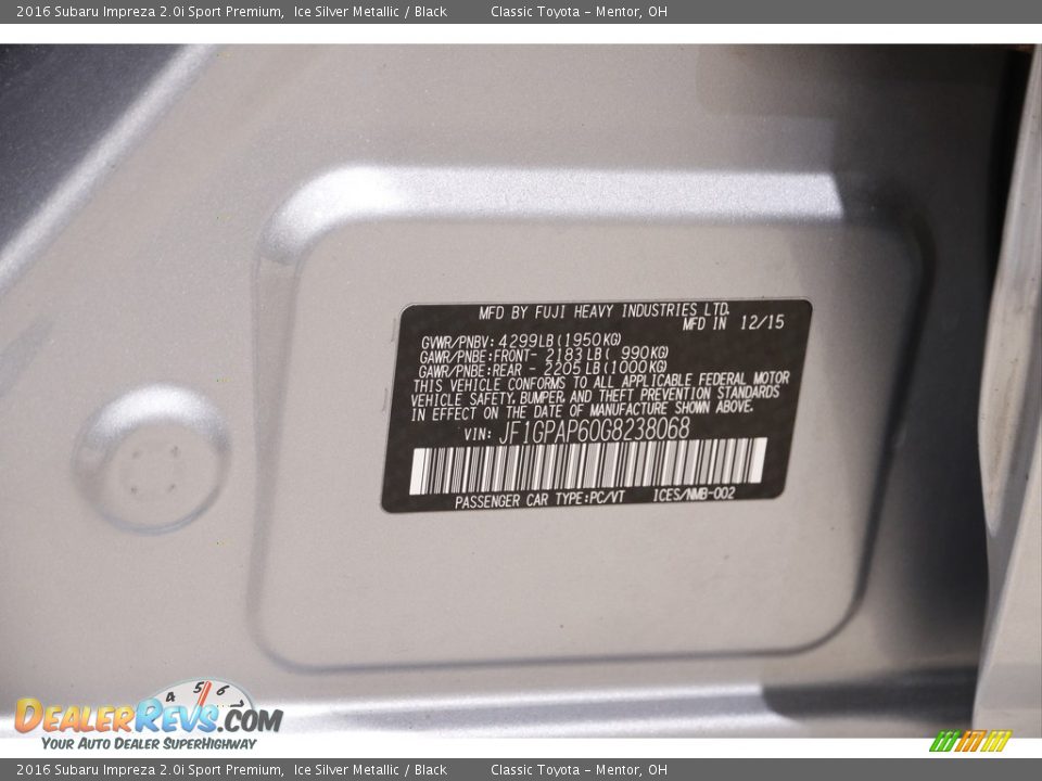 2016 Subaru Impreza 2.0i Sport Premium Ice Silver Metallic / Black Photo #22