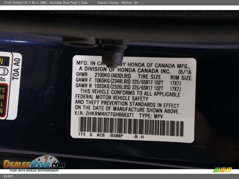 Honda Color Code B588P Obsidian Blue Pearl