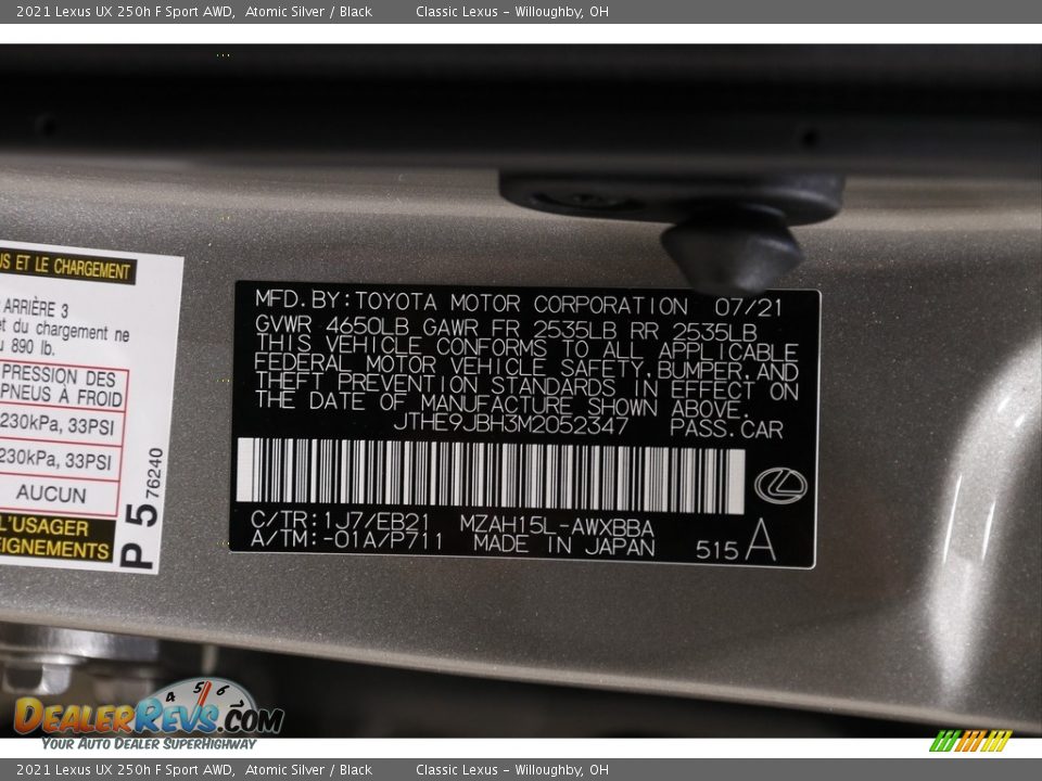 2021 Lexus UX 250h F Sport AWD Atomic Silver / Black Photo #22