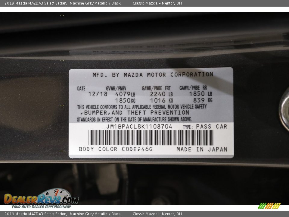 2019 Mazda MAZDA3 Select Sedan Machine Gray Metallic / Black Photo #22