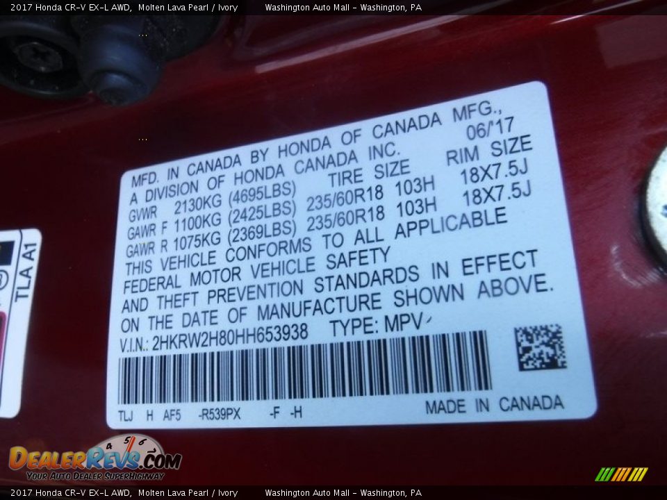 2017 Honda CR-V EX-L AWD Molten Lava Pearl / Ivory Photo #36