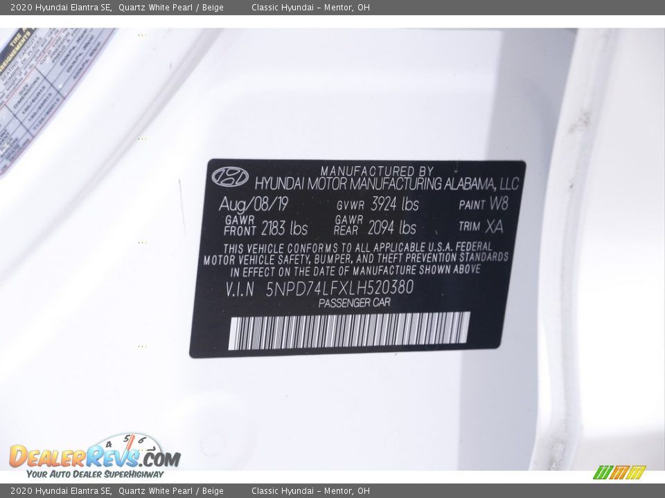 2020 Hyundai Elantra SE Quartz White Pearl / Beige Photo #21