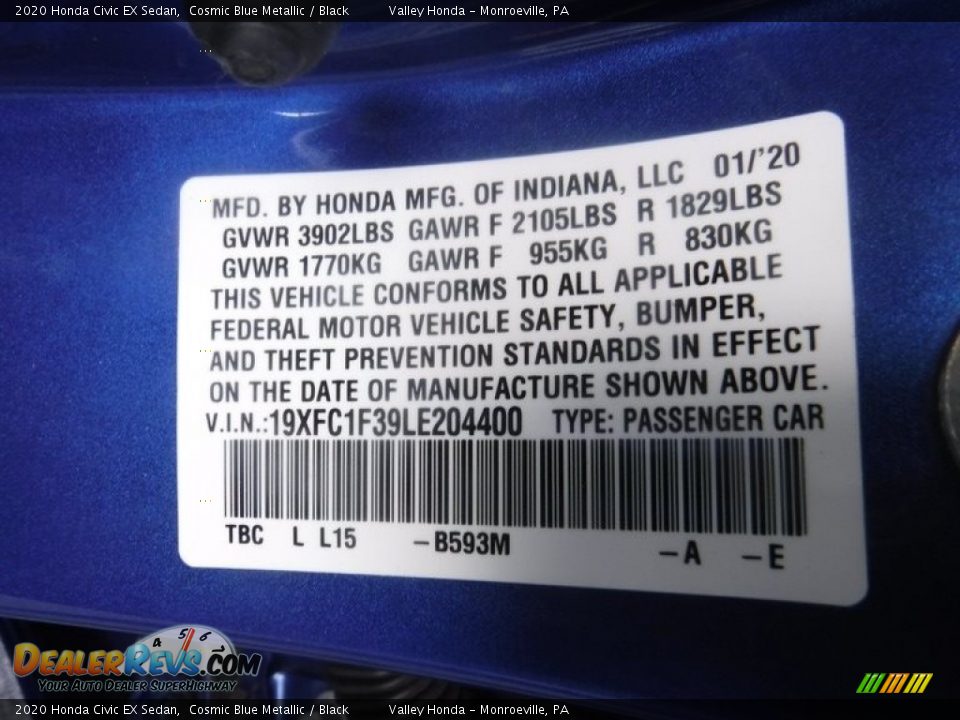 2020 Honda Civic EX Sedan Cosmic Blue Metallic / Black Photo #31