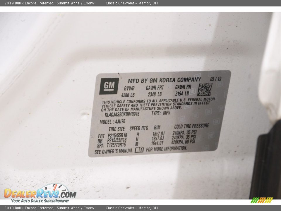 2019 Buick Encore Preferred Summit White / Ebony Photo #19