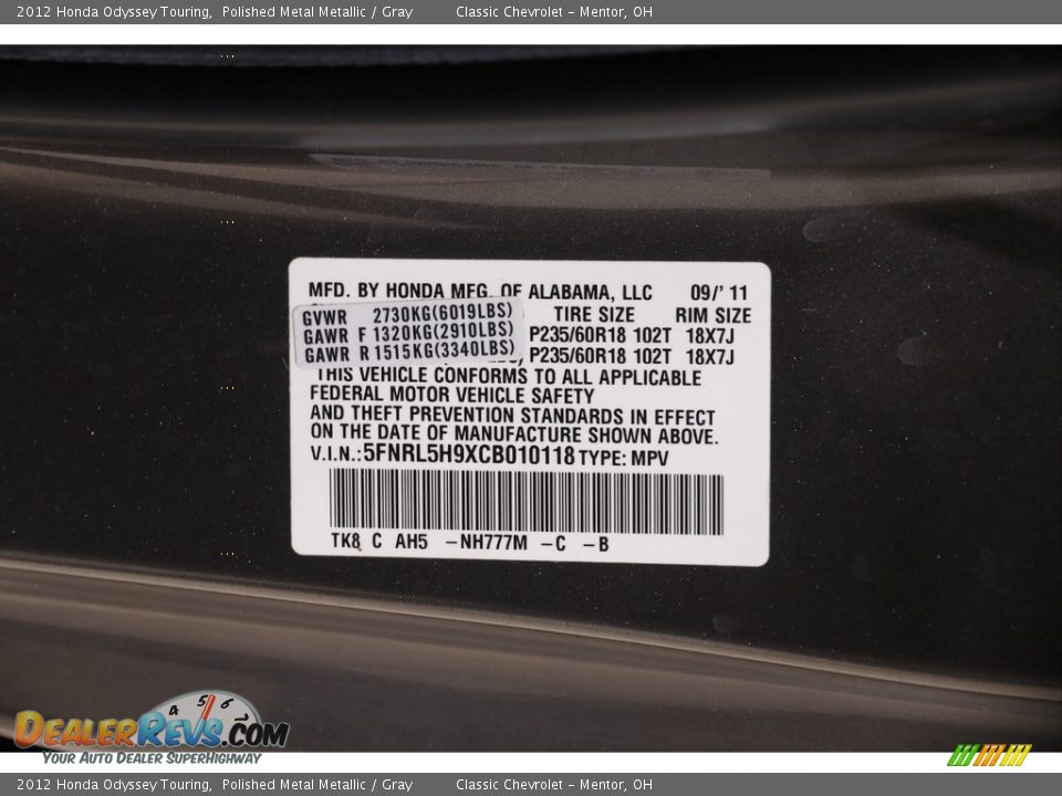 2012 Honda Odyssey Touring Polished Metal Metallic / Gray Photo #25