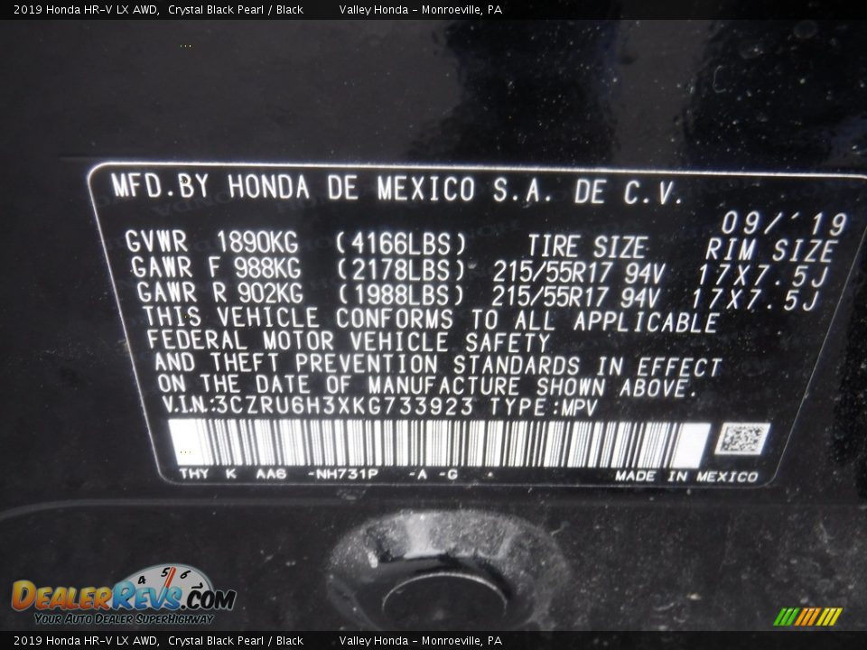 2019 Honda HR-V LX AWD Crystal Black Pearl / Black Photo #29