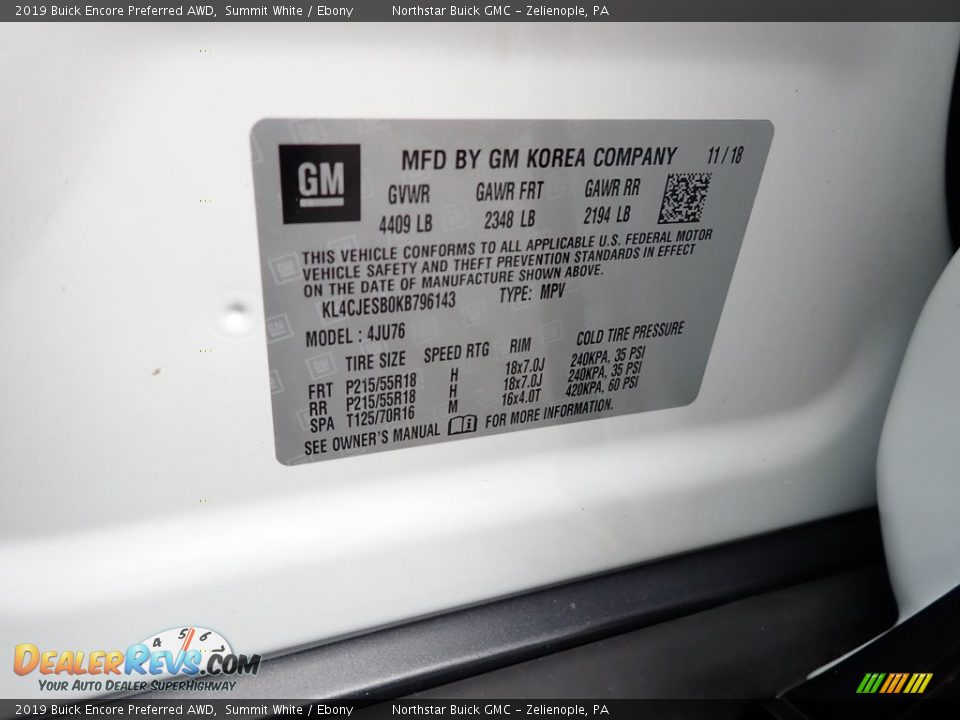 2019 Buick Encore Preferred AWD Summit White / Ebony Photo #30
