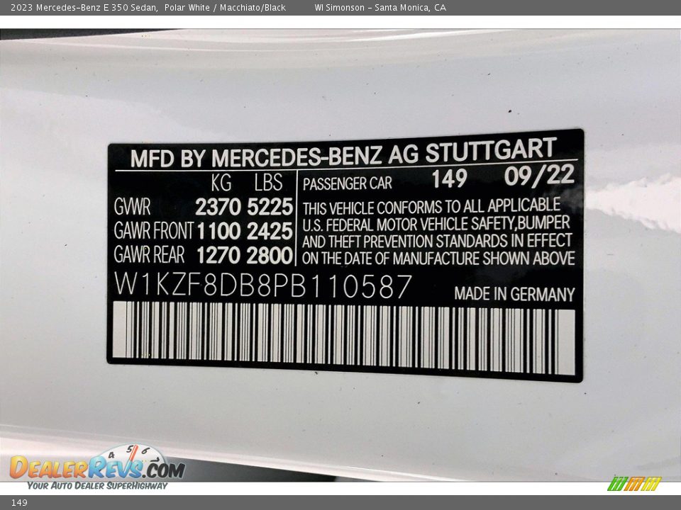 Mercedes-Benz Color Code 149 Polar White